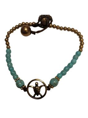 Turtle Charm Bracelet Turquoise Accents Brass Beaded Adjustable 7 inch Handmade